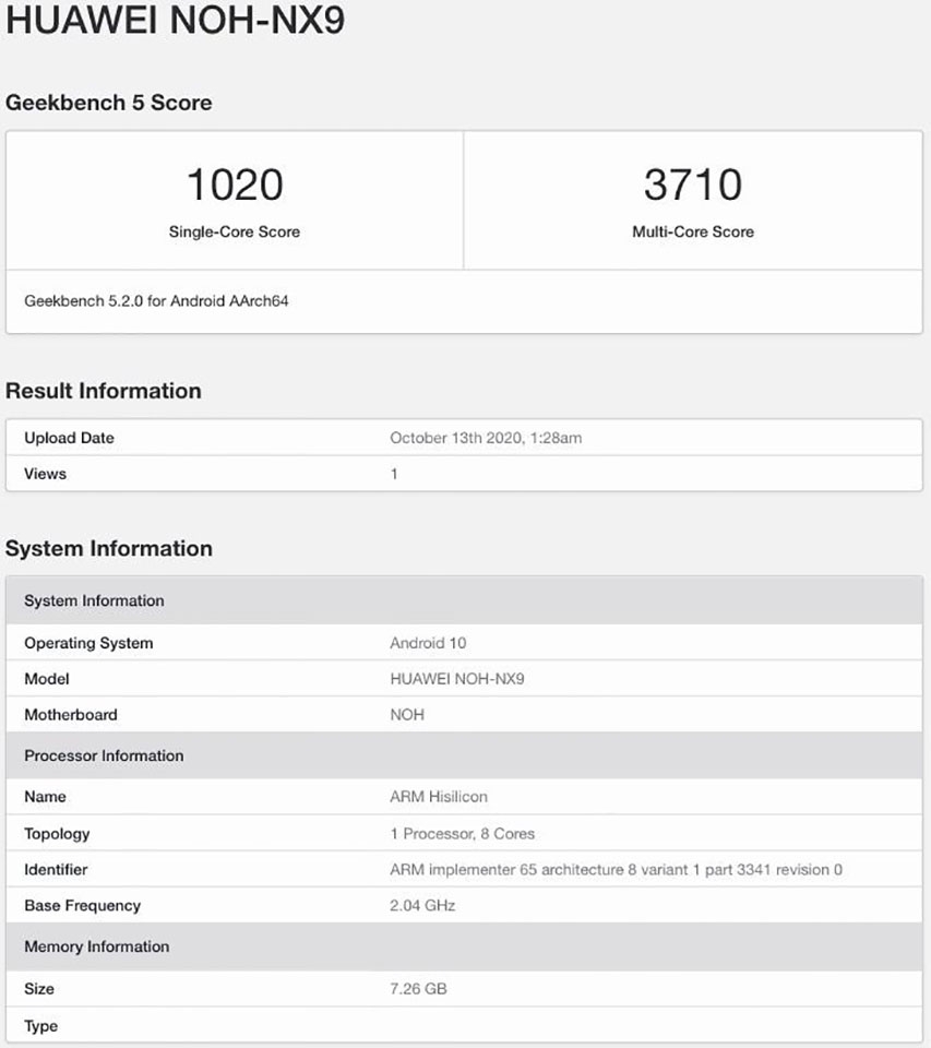 Huawei Mate 40 Pro lộ diện trên Geekbench Huawei Mate 40 Pro lộ diện trên Geekbench