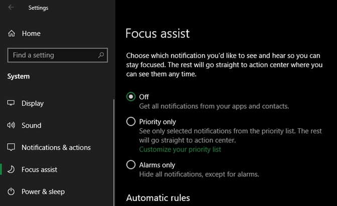windows 10 focus assist