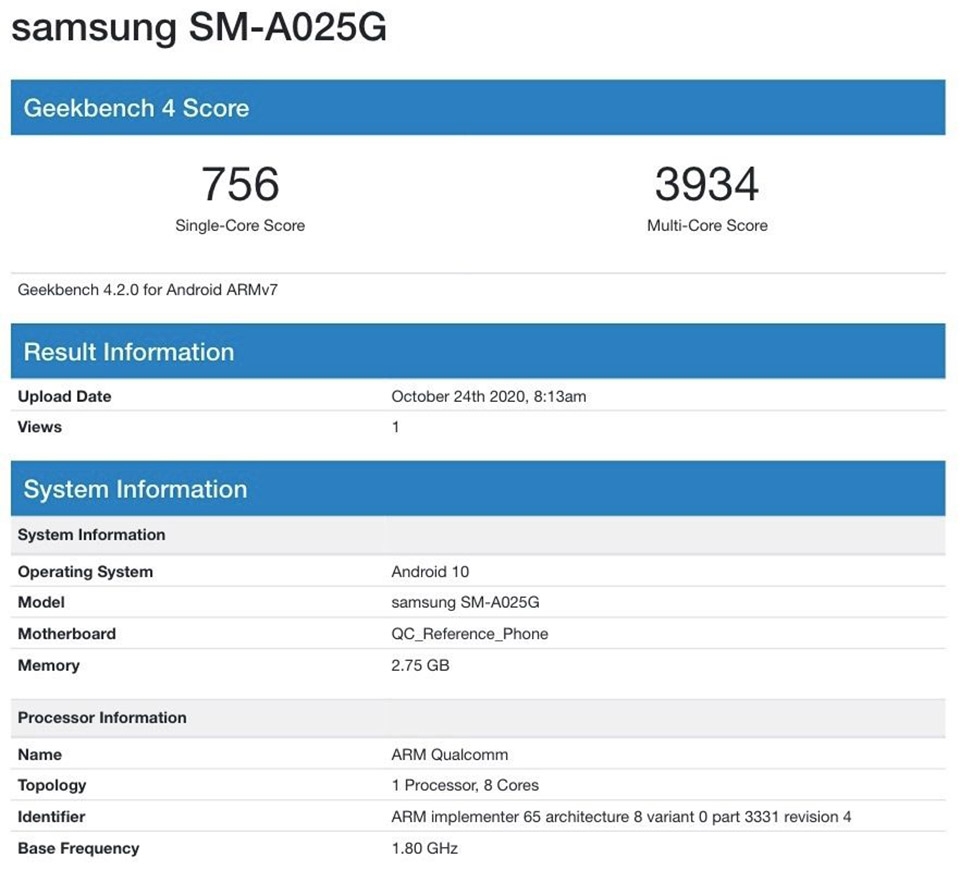 Galaxy A02s lộ cấu hình trên Geekbench (ảnh 1)