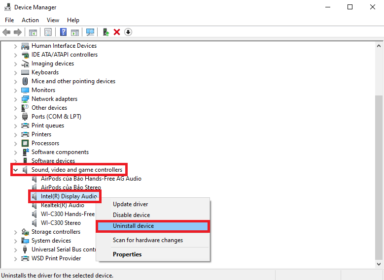 gỡ cài đặt driver âm thanh