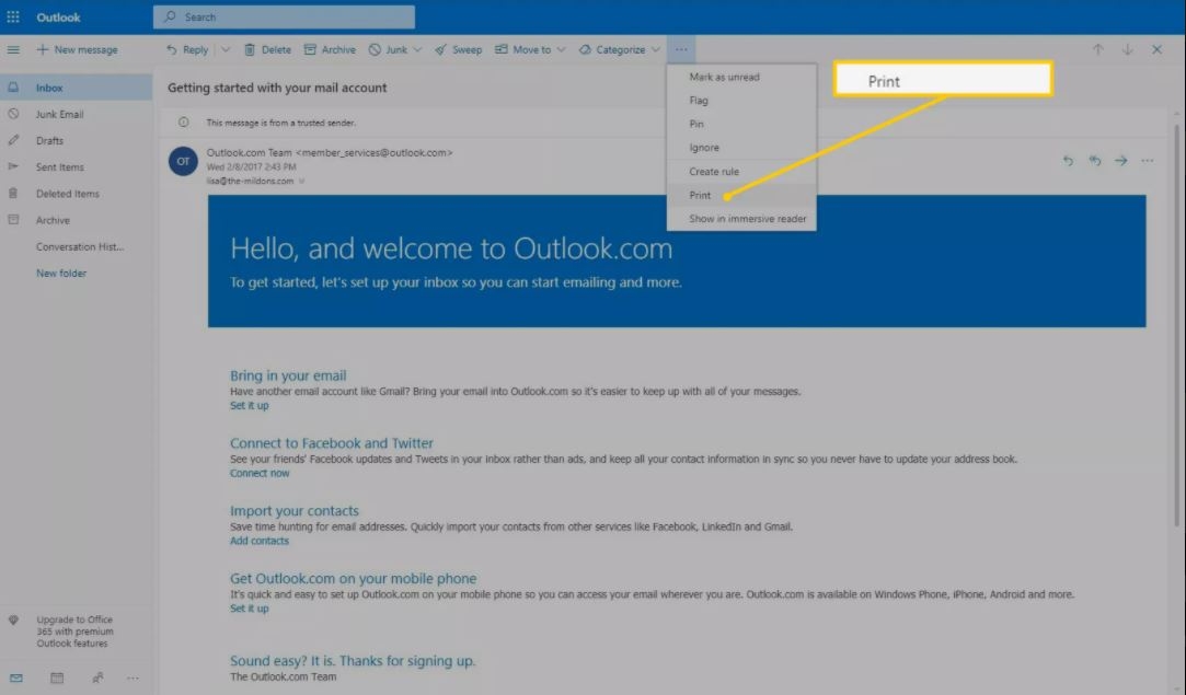 Cách in mail trong Outlook