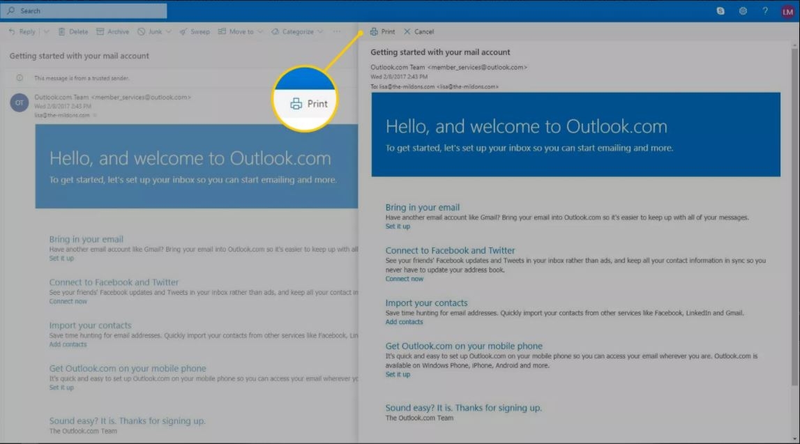 Cách in mail trong Outlook