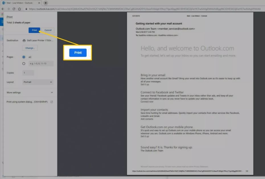 Cách in mail trong Outlook