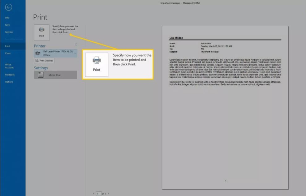 Cách in mail trong Outlook