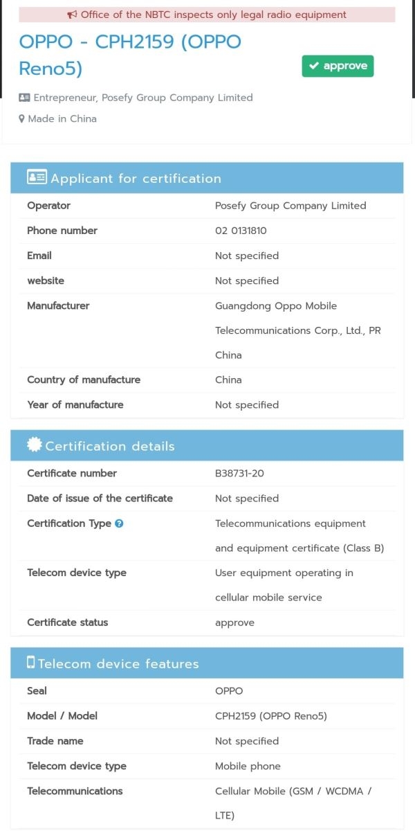 OPPO Reno5 đạt chứng nhận NBTC