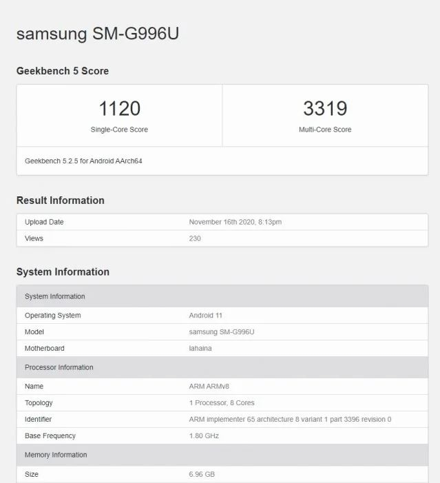Samsung Galaxy S21 sử dụng chop SND875 trên Geekbench