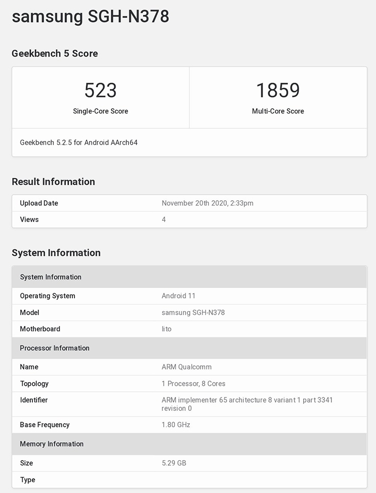 Samsung SGH-N378 lộ cấu hình trên Geekbench Samsung SGH-N378 lộ cấu hình trên Geekbench