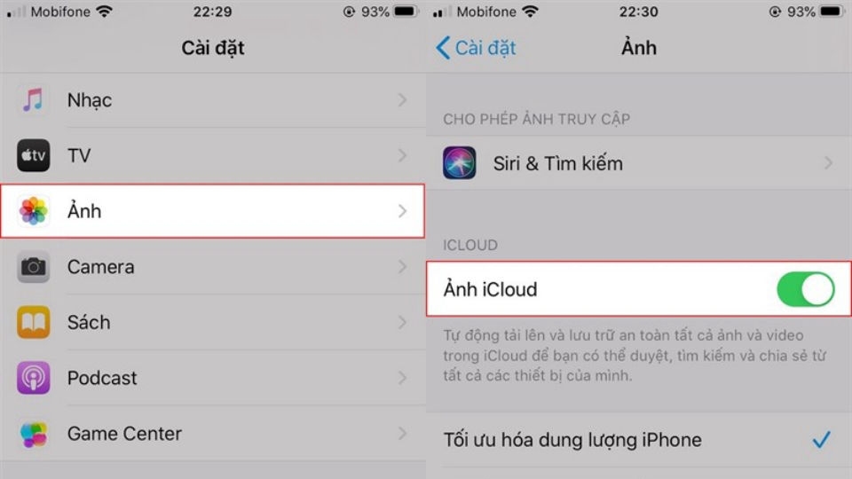 Ngừng sử dụng My Photo Stream bằng cách tắt mục Ảnh iCloud trong phần Cài đặt