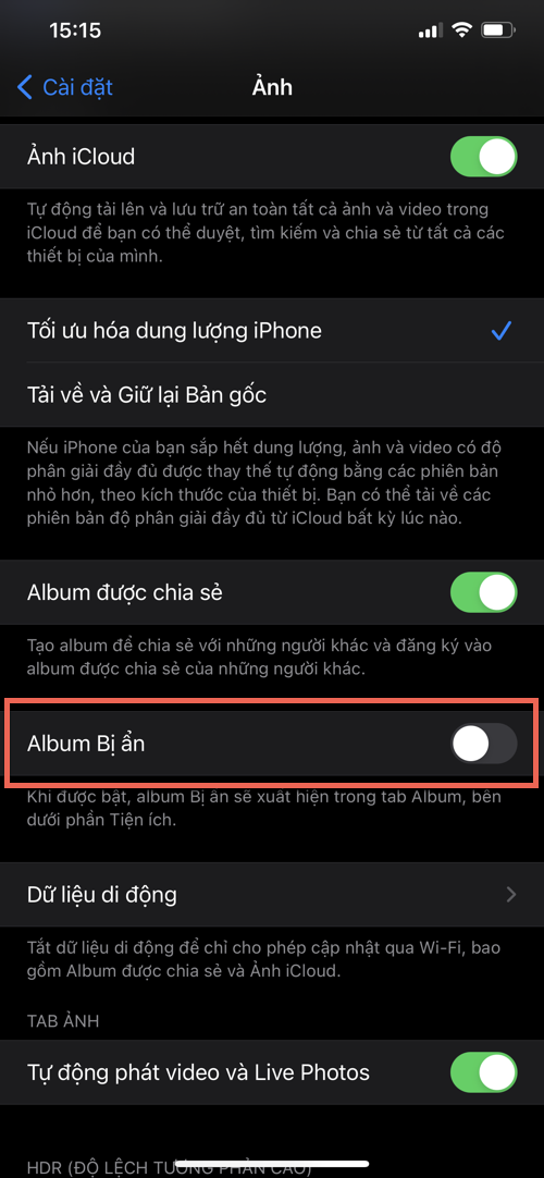 Ẩn album ảnh Bị ẩn trên iOS 14