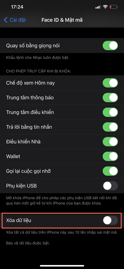 Xóa dữ liệu trên thiết bị nhập sai mật khẩu 10 lần