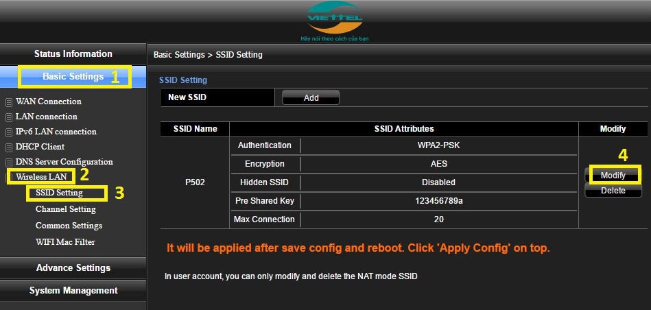 cách đổi mật khẩu WiFi Viettel