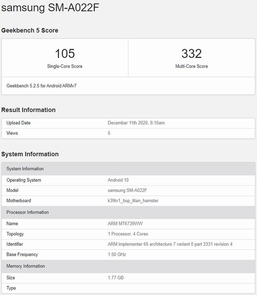 Galaxy A02 xuất hiện trên Geekbench