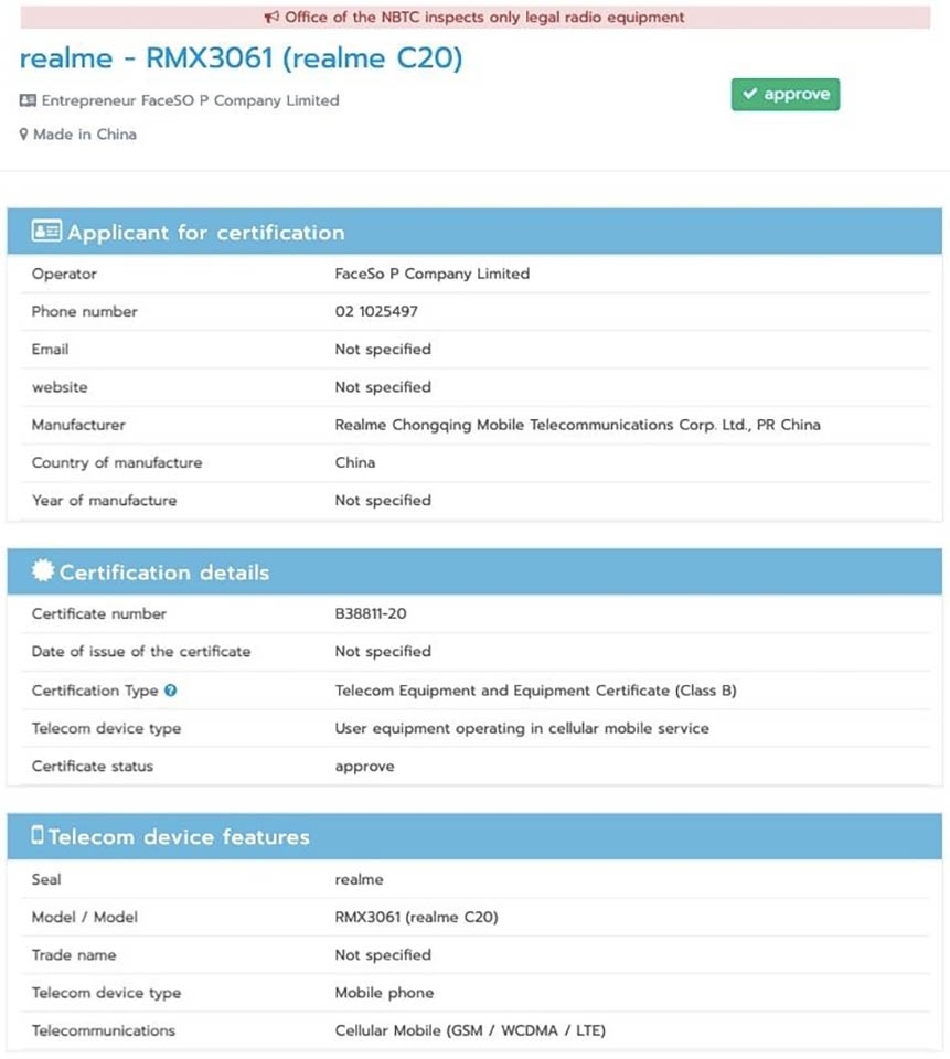 Realme C20 đạt chứng nhận