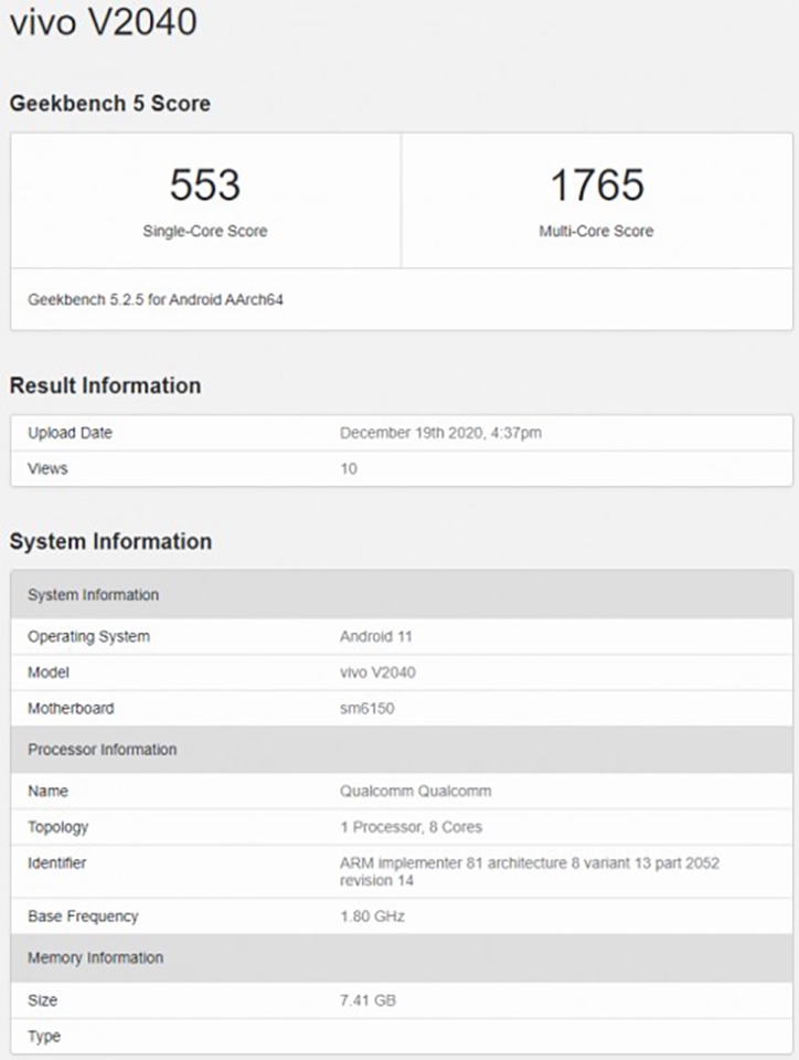 Thông số kỹ thuật chính của Vivo V20 (2021) được tiết lộ bởi Geekbench Thông số kỹ thuật chính của Vivo V20 (2021) được tiết lộ bởi Geekbench