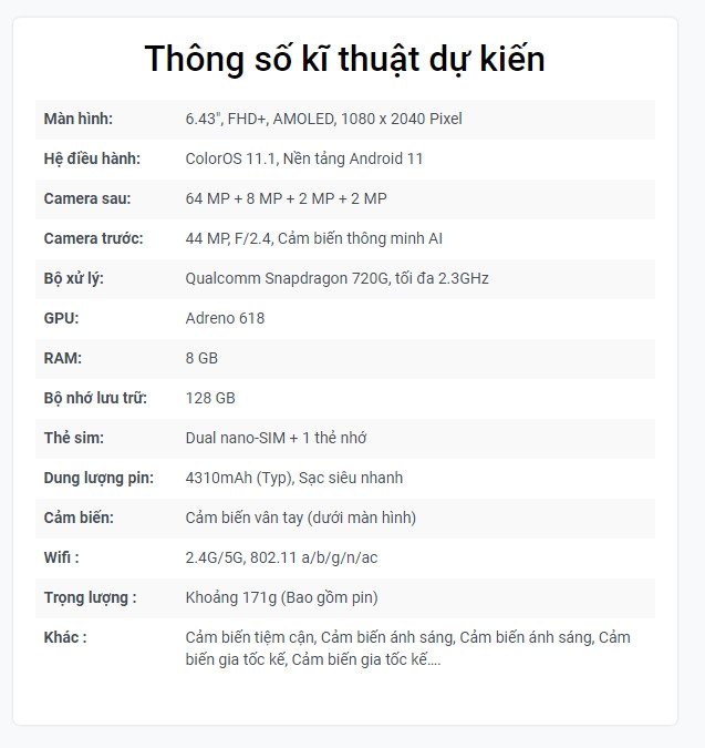 Thông số kỹ thuật dự kiến của Reno5