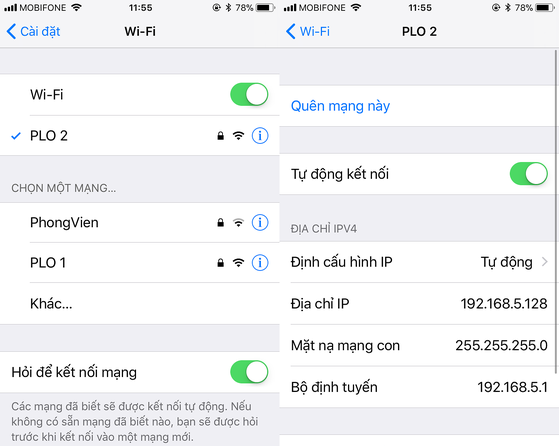 quên mạng wifi trên iphone