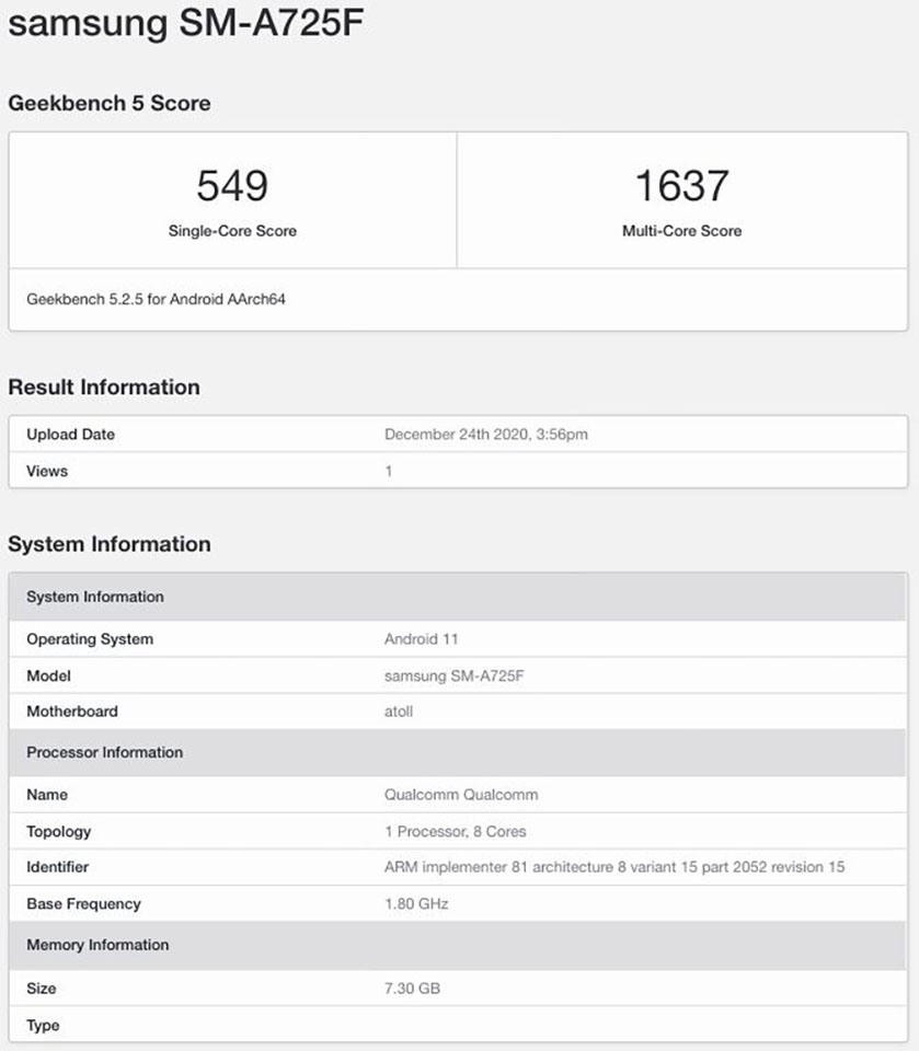 Galaxy A72 4G xuất hiện trên Geekbench