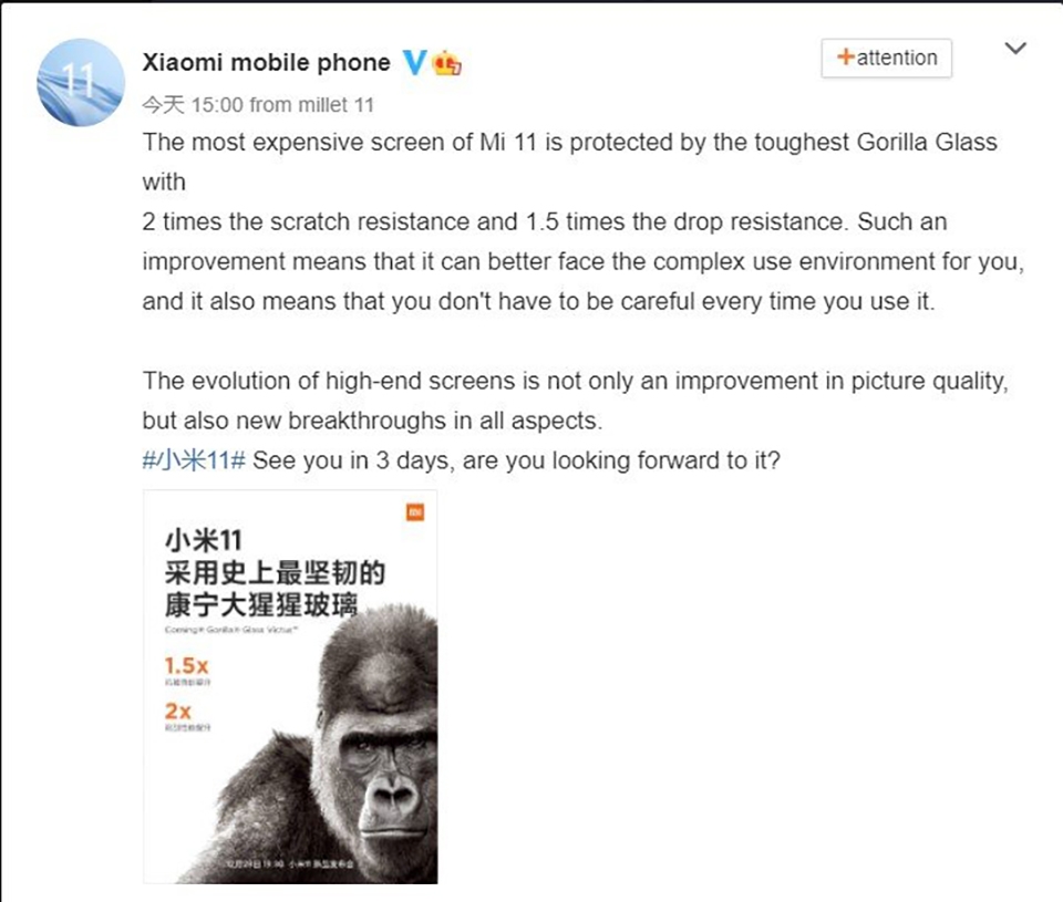 Xiaomi Mi 11 sẽ dùng kính Corning Gorilla Glass Victus Xiaomi Mi 11 sẽ dùng kính Corning Gorilla Glass Victus