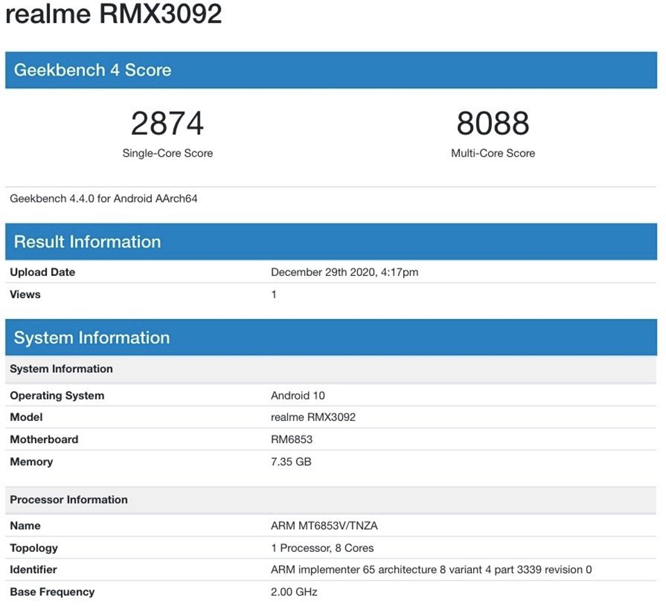 Realme 8 lộ cấu hình trên Geekbench