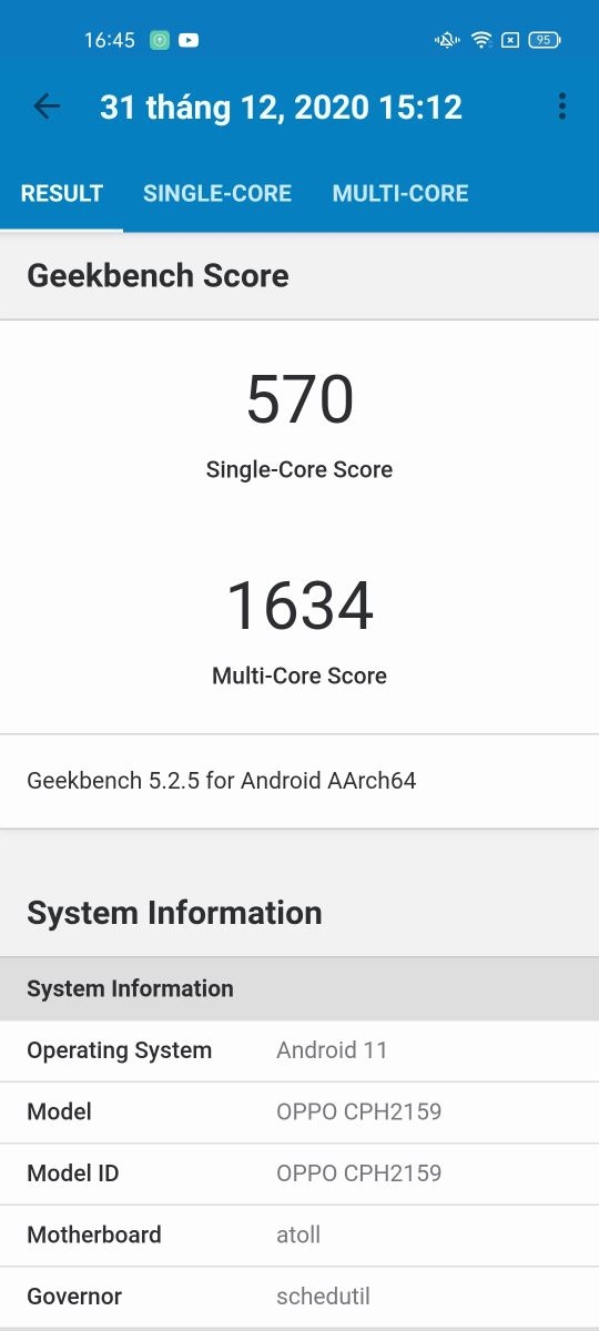 Điện thoại OPPO Reno5 | Điểm Geekbench đạt 570 điểm Điện thoại OPPO Reno5 | Điểm Geekbench đạt 570 điểm