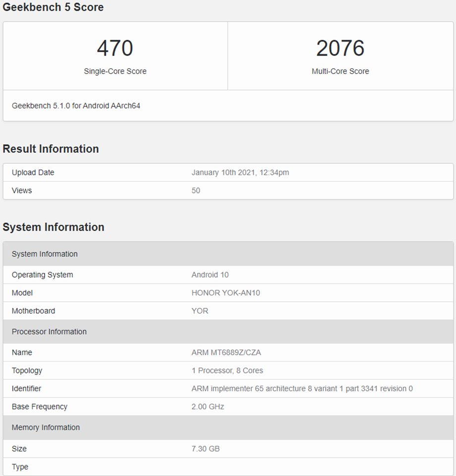 Honor V40 xuất hiện trên Geekbench Honor V40 xuất hiện trên Geekbench