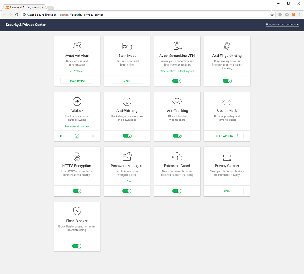 Các tính năng của avast secure browser