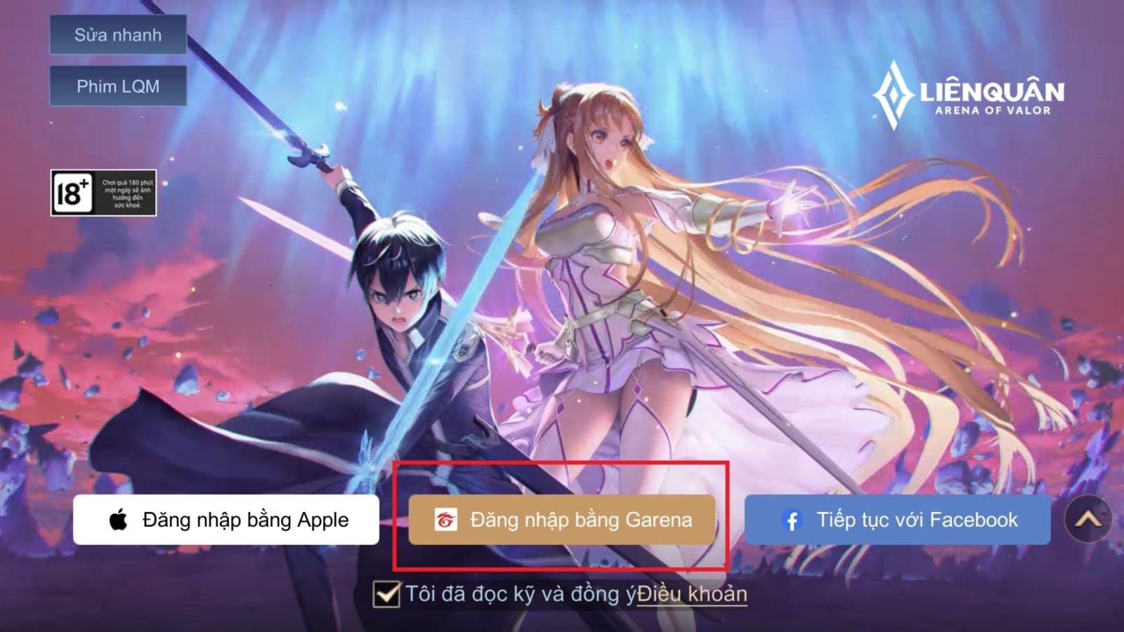 Truy cập vào game và chọn Garena