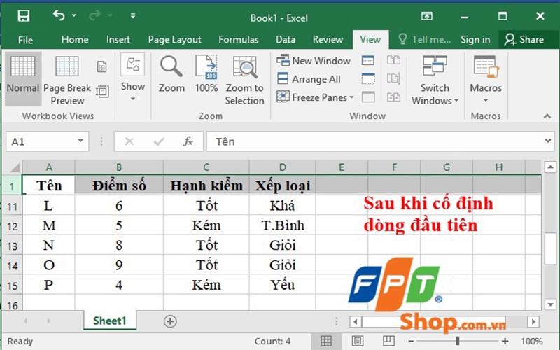 Sau khi thực hiện cố định dòng đầu tiên xong