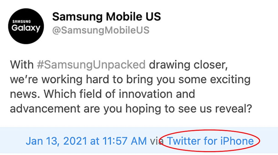 Samsung lại “vô tình” dùng iPhone để đăng bài về sự kiện Galaxy S21 sắp tới Samsung lại “vô tình” dùng iPhone để đăng bài về sự kiện Galaxy S21 sắp tới