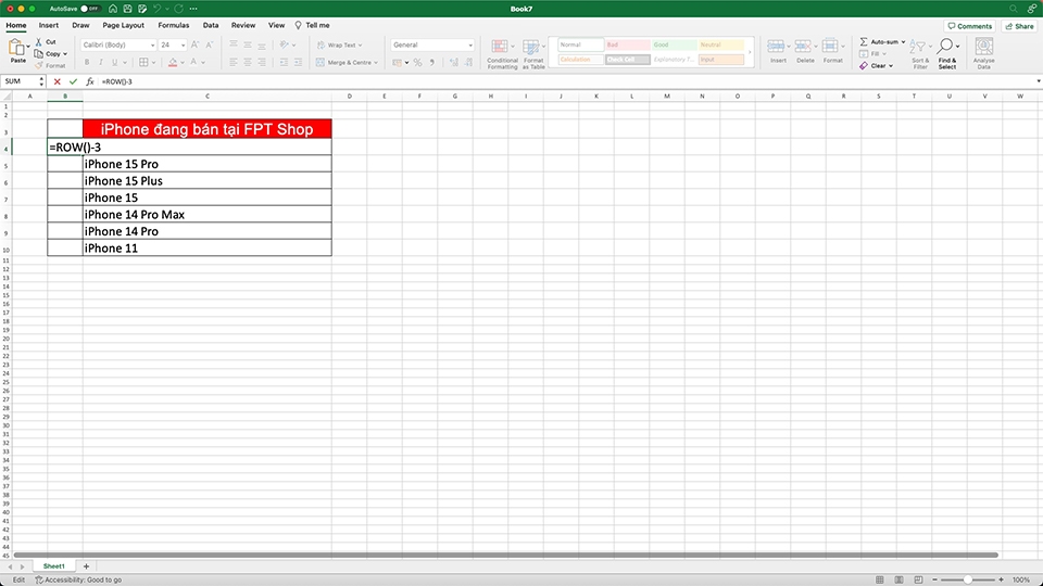 Sử dụng hàm ROW để đánh số thứ tự trong Excel (ảnh 1)