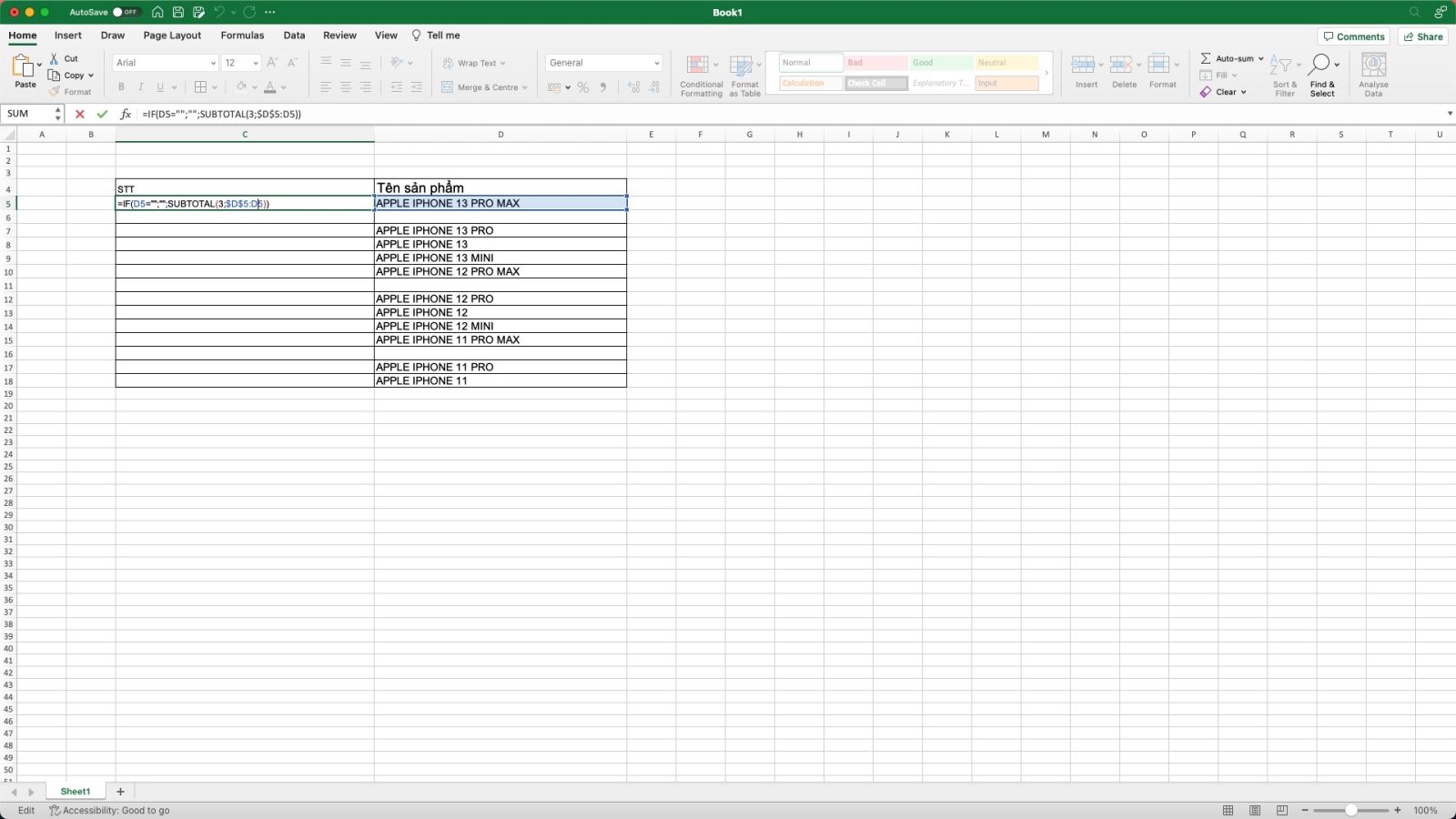 Đánh số thứ tự trong Excel bằng hàm SUBTOTAL lồng với hàm IF - bước 1