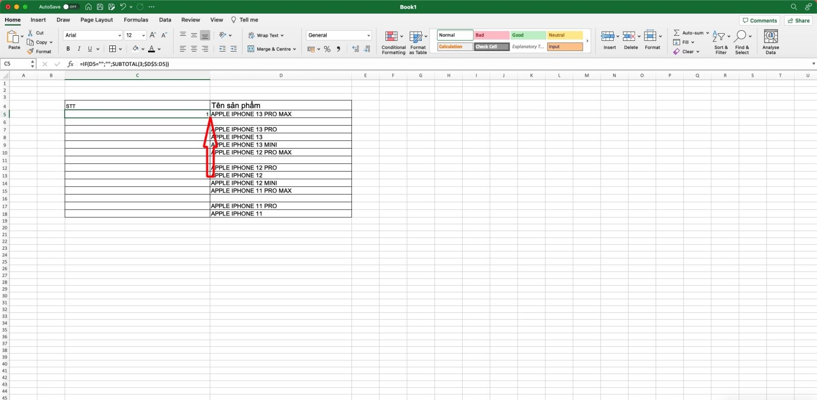 Đánh số thứ tự trong Excel bằng hàm SUBTOTAL lồng với hàm IF - bước 2
