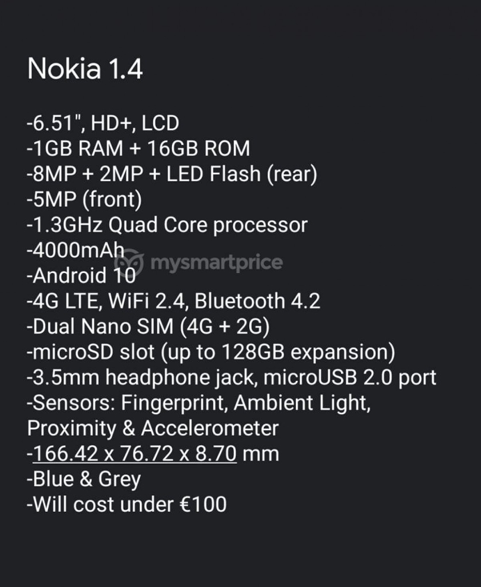 Hé lộ cấu hình Nokia 1.4: Điện thoại siêu rẻ mới của Nokia