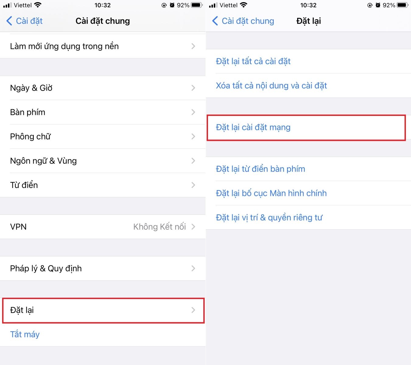 Đặt lại Cài đặt mạng Đặt lại Cài đặt mạng