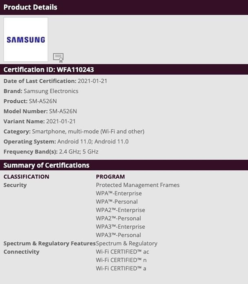 Galaxy A52 đạt chứng nhận Wi-FI (ảnh 1) Galaxy A52 đạt chứng nhận Wi-FI (ảnh 1)