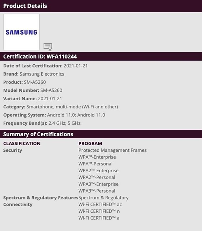 Galaxy A52 đạt chứng nhận Wi-FI (ảnh 2) Galaxy A52 đạt chứng nhận Wi-FI (ảnh 2)