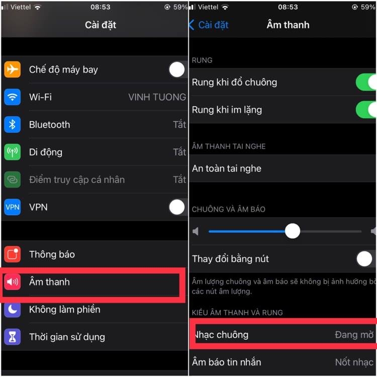 Chọn âm thanh, chọn vào nhạc chuông