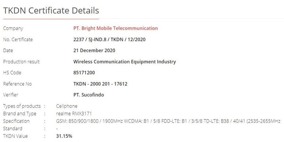 Realme Narzo 30A đạt chứng nhận Realme Narzo 30A đạt chứng nhận