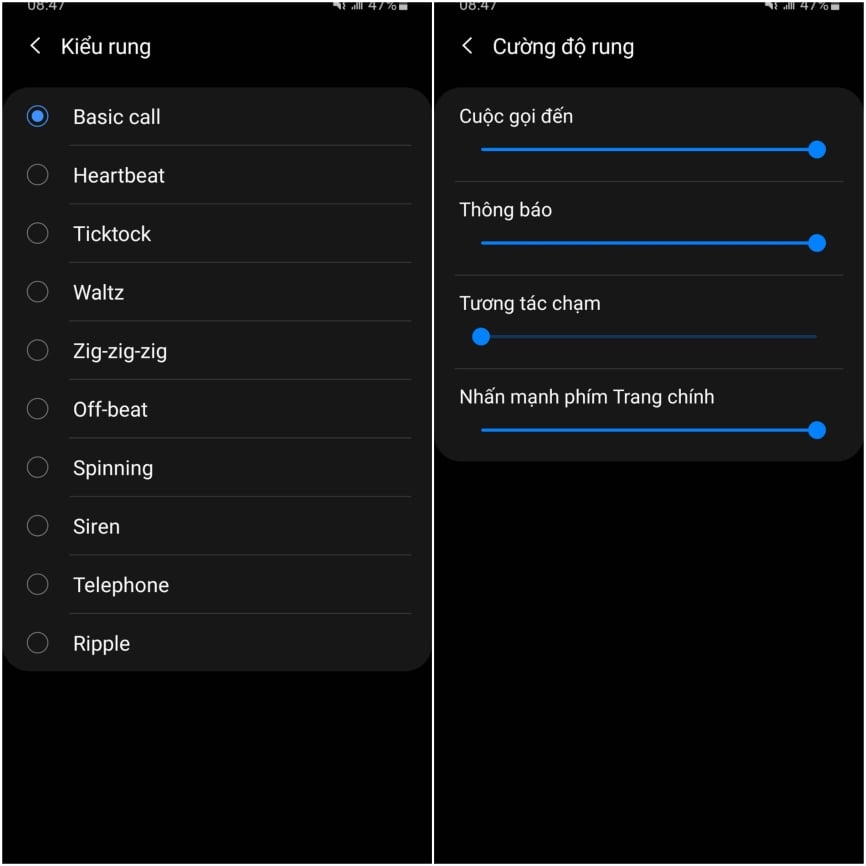 Kiểu rung và cường độ rung