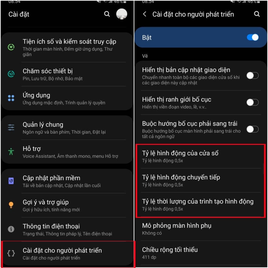 điều chỉnh các thông số