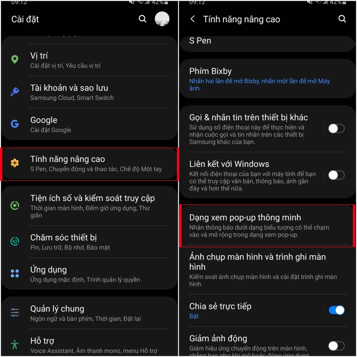 mở tính năng nâng cao