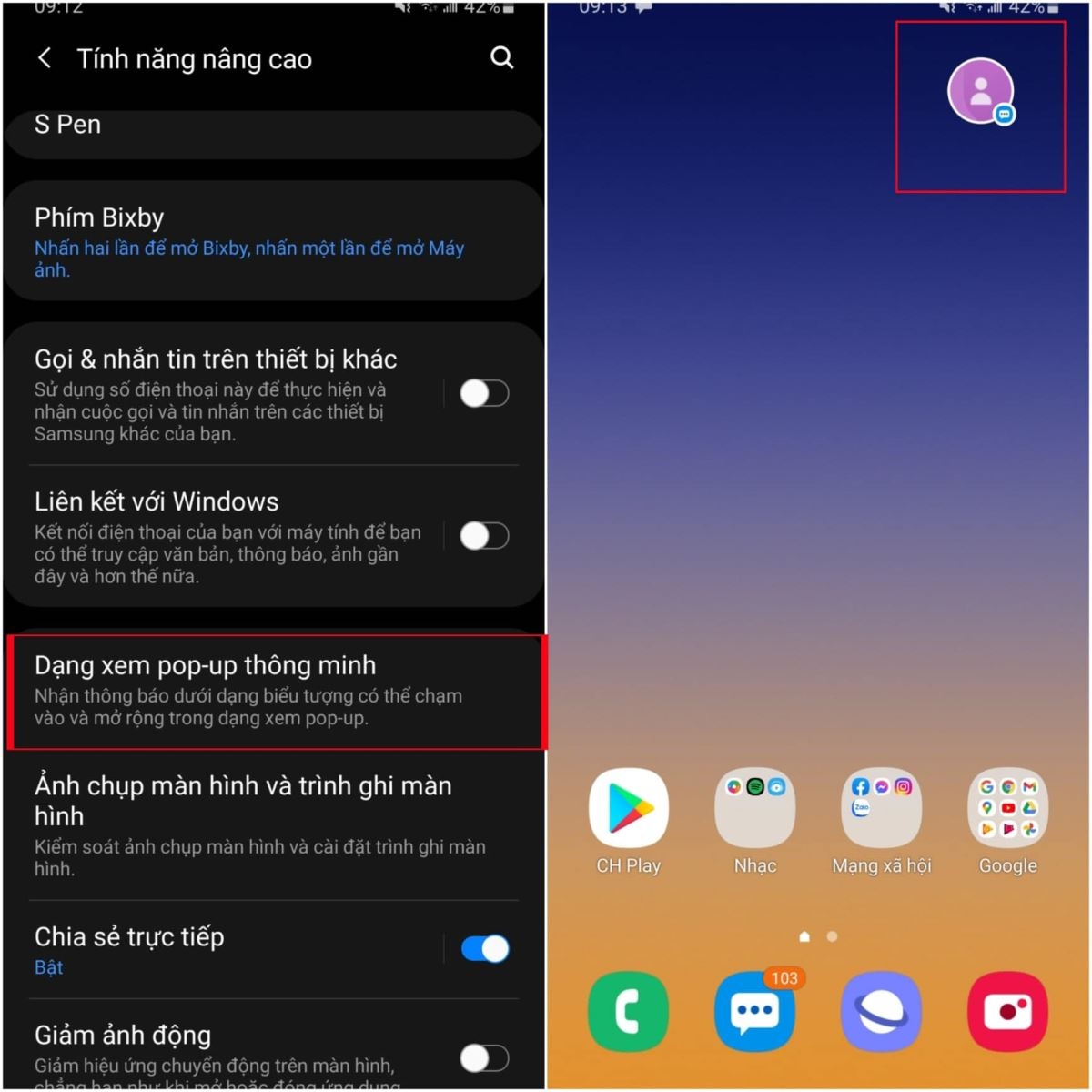 chọn ứng dụng muốn xem bong bóng chat