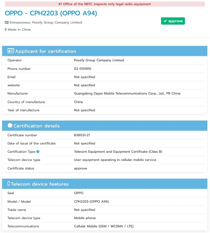 OPPO A94 đạt chứng nhận (ảnh 1)