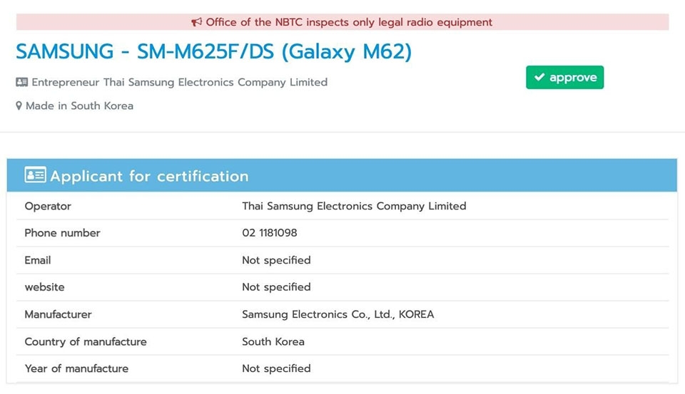 Galaxy M62 đạt chứng nhận NBTC
