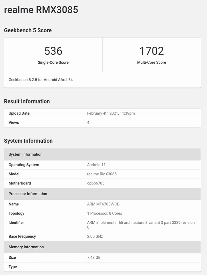 Realme RMX3085 với chip Helio G95 bất ngờ xuất hiện trên Geekbench