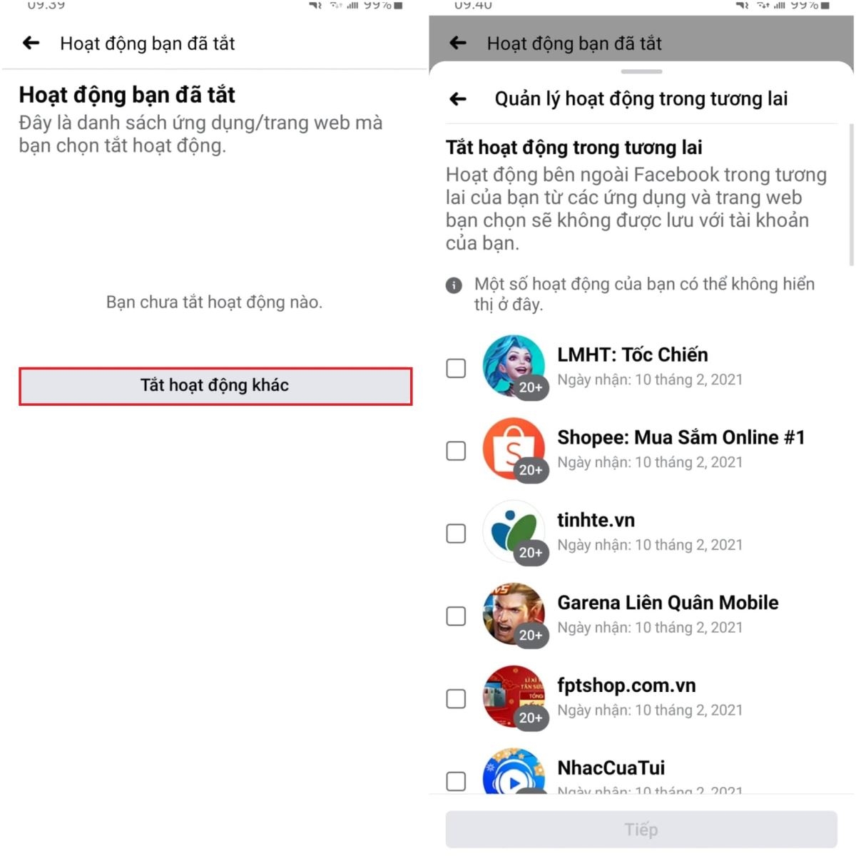 Tắt các hoạt động khác