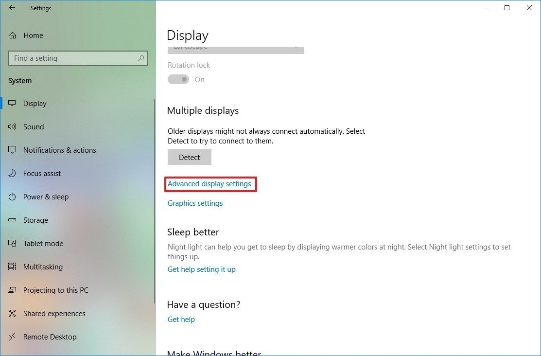 Chỉnh tần số quét màn hình Windows 10 | Chọn Advanced display settings