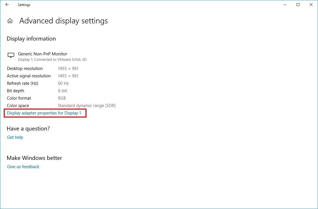 Chỉnh tần số quét màn hình Windows 10 | Chọn Display adapter properties for Display 1