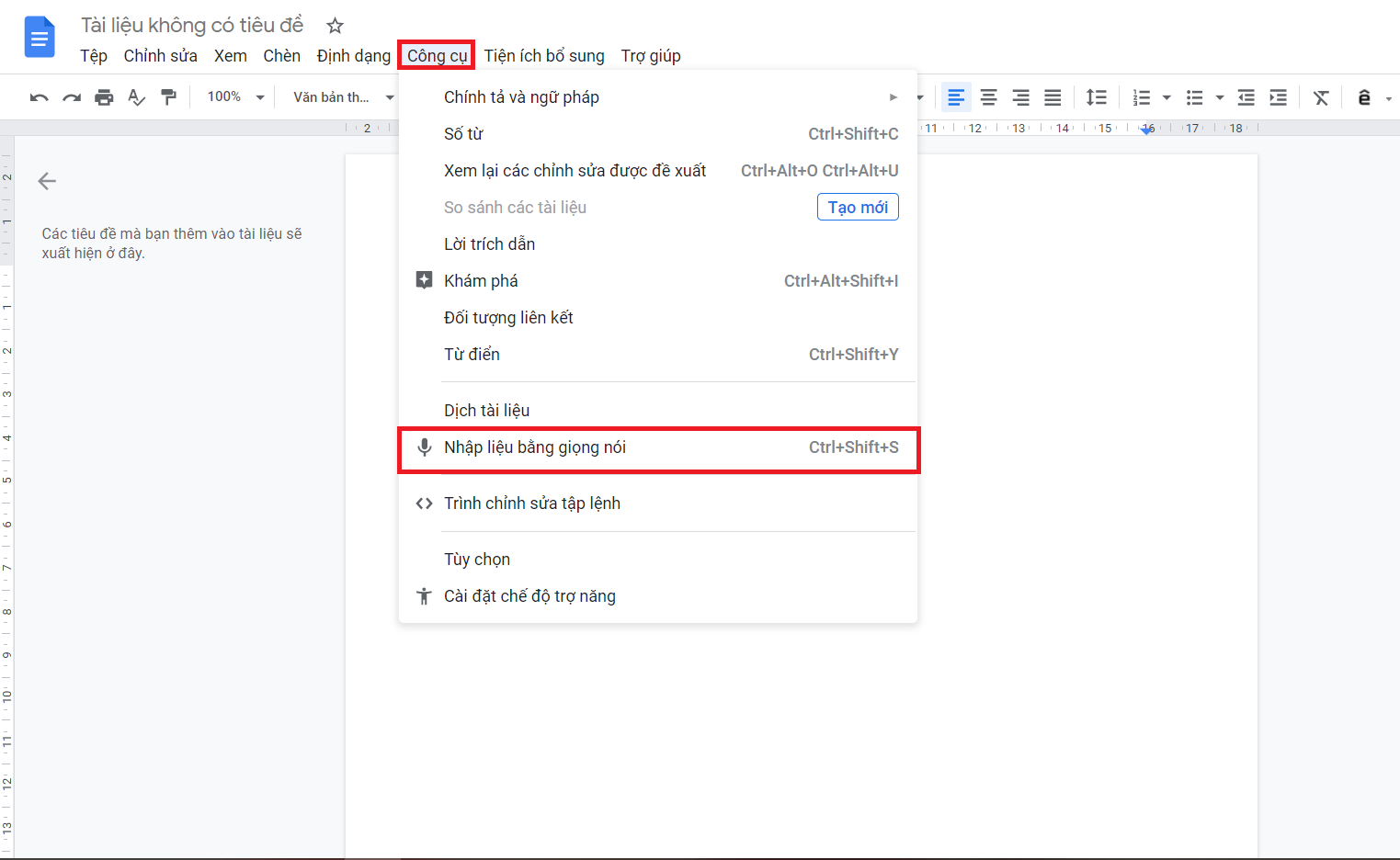 Chọn vào công cụ > chọn Nhập liệu bằng giọng nói