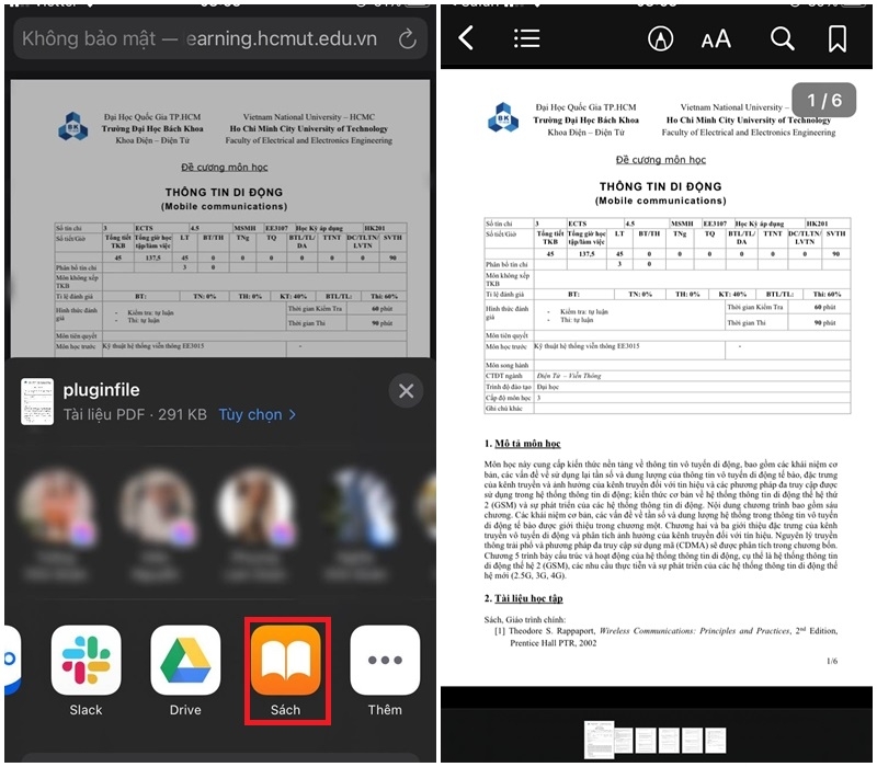 Chọn ứng dụng Sách để lưu file PDF